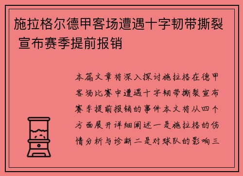 施拉格尔德甲客场遭遇十字韧带撕裂 宣布赛季提前报销