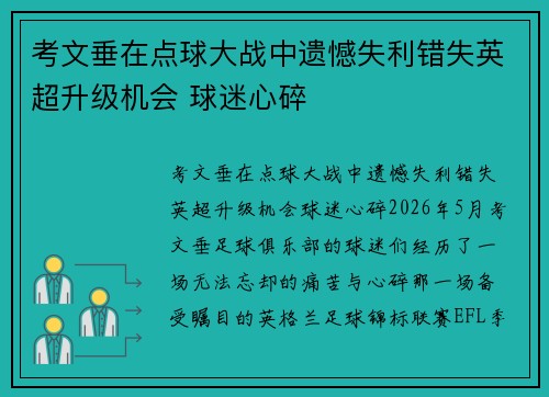 考文垂在点球大战中遗憾失利错失英超升级机会 球迷心碎